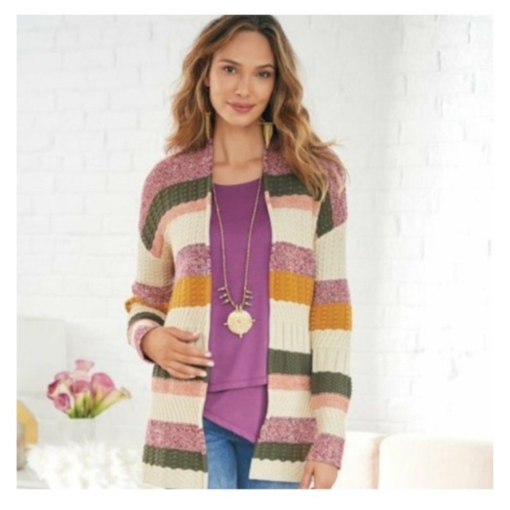 Soft Surroundings Cardigan M Striped Knit Open Front Cozy Colorblock Relaxed